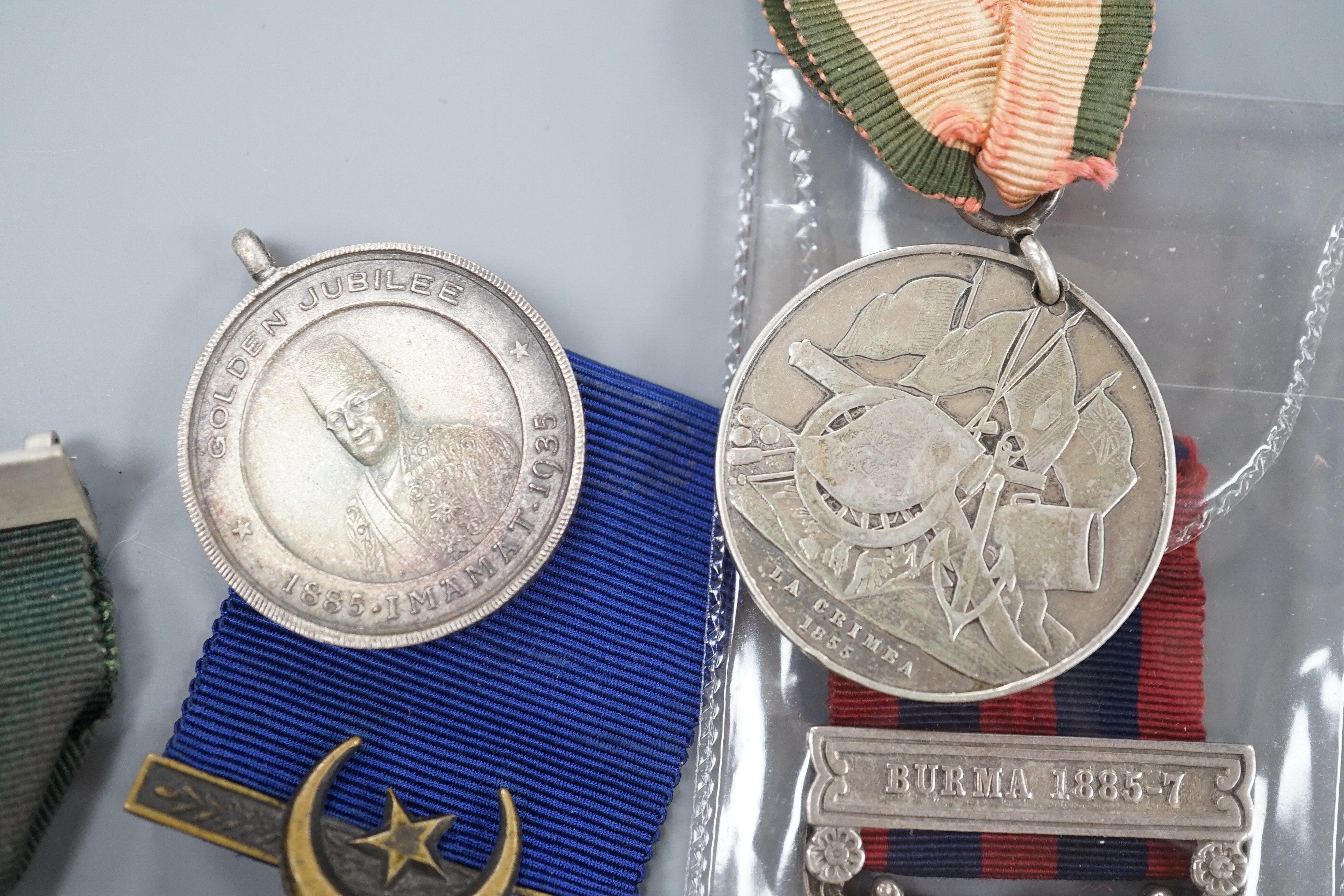 An India GSM with Burma 1885-7 clasp to 1167 Clr. Sergt. Doidge (or Dadge) 2d. Bn. L’pool R. together with a Turkish medal for the Crimean war and a Khedive’s bronze star (1882)